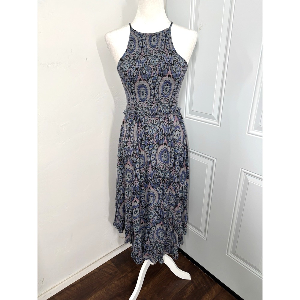 Free People Dress Womens Small Blue Seasons In The Sun Midi Paisley‎ Smocked